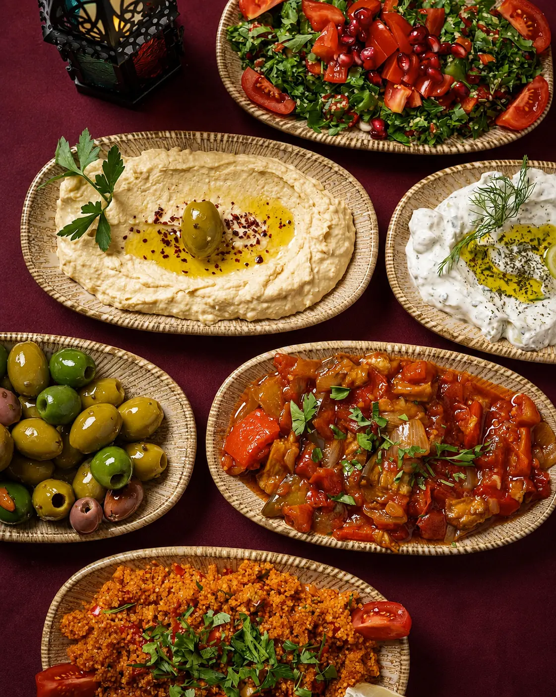 Uppdukning med hummus, tzatziki, oliver, sallader och grytor på fat