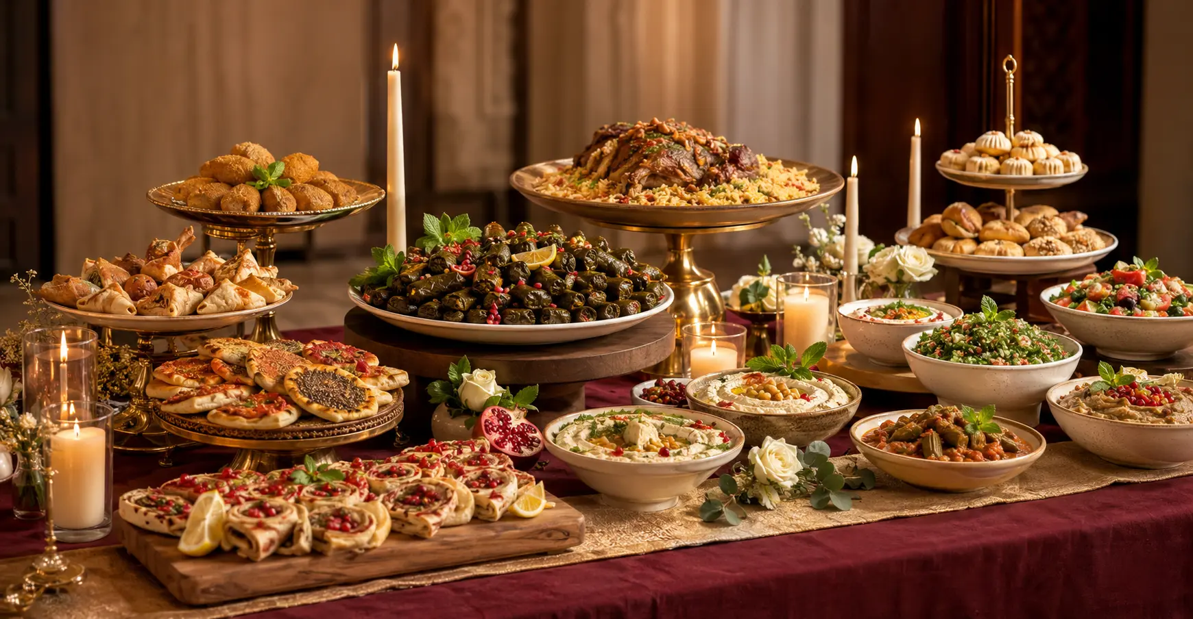 Cateringbord med hemlagade rätter, meze och sallader